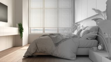 Mimar iç mimar konsepti: tamamlanmamış proje gerçeğe dönüşüyor, panoramik minimalist yatak odası, parke, pencere, ev bitkileri, yorgan, yastıklar. Eko kavramı, iç tasarım