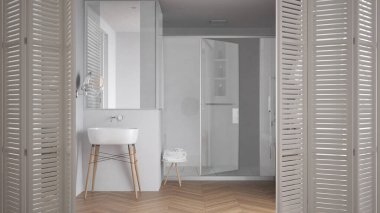 Minimalist banyoda alçı duvarlı ve parke zeminli beyaz katlı kapı açılıyor. Lavabolu banyo, ayna, duşlar, aksesuarlar, mimar tasarımcı konsepti, bulanık arka plan.