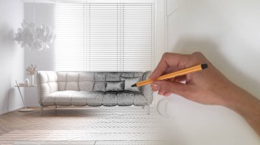 Mimari iç mimar konsepti: alan gerçek, boş, kanepe ve büyük pencereli modern oturma odası haline gelirken el yapımı bir iç tasarım projesi