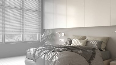 Mimar iç mimar konsepti: tamamlanmamış proje gerçeğe dönüşüyor, panoramik minimalist yatak odası, parke, pencere, ev bitkileri, yorgan, yastıklar. Eko kavramı, iç tasarım