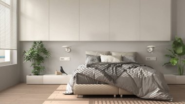 Parke, büyük pencere, ev bitkileri, yumuşak yorgan ve yastıklı modern beyaz minimalist yatak odası. Çevre yeşili kavramı, iç tasarım