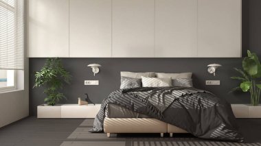 Modern beyaz ve koyu gri minimalist yatak odası, parke, büyük pencere, ev bitkileri, yumuşak yorgan ve yastıklar. Çevre yeşili kavramı, iç tasarım
