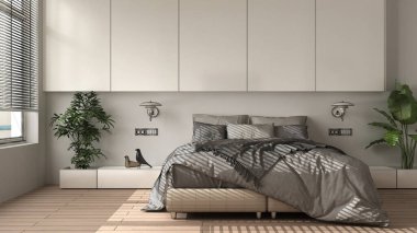Bitmemiş proje, panoramik minimalist yatak odası parke, büyük pencere, ev bitkileri, yumuşak yorgan ve yastıklar. Çevre yeşili kavramı, iç tasarım