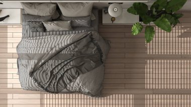 Tamamlanmamış proje, parketli modern minimalist yatak odası, büyük pencere, ev bitkileri, yumuşak yorgan ve yastıklar. Çevre yeşili kavramı, iç tasarım, üst görünüm, plan, yukarıda