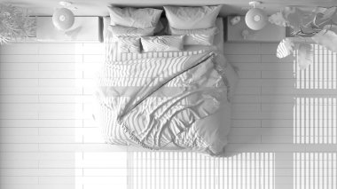 Tamamen beyaz proje, parketli modern minimalist yatak odası, büyük pencere, ev bitkileri, yumuşak yorgan ve yastıklar. Çevre yeşili kavramı, iç tasarım, üst görünüm, plan, yukarıda