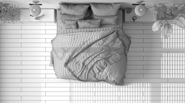 Tamamlanmamış proje, parketli modern minimalist yatak odası, büyük pencere, ev bitkileri, yumuşak yorgan ve yastıklar. Çevre yeşili kavramı, iç tasarım, üst görünüm, plan, yukarıda