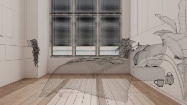 Beyaz duvarları ve herringbone parke ahşap zemin, özel mimari tasarım projesi, siyah mürekkep çizimi, modern yatak odasını gösteren plan, mimari fikir.