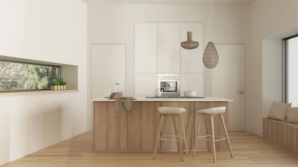 Cosy White Wooden Kitchen Island Stools Parquet Floor Big Windows — Stock Photo, Image