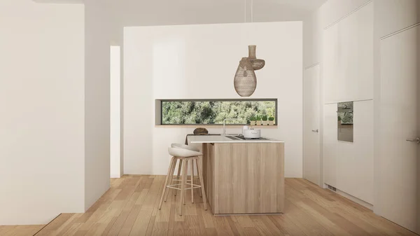 島とスツール 寄木細工の床と大きな窓 ペンダントラムと装飾 最小限の現代的なインテリアデザインと居心地の良い白と木製のキッチン — ストック写真