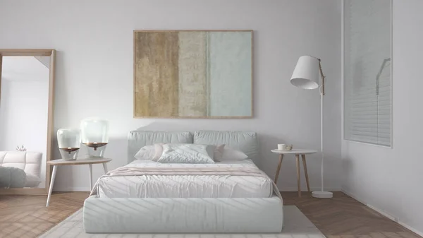 Moderno Dormitorio Minimalista Brillante Tonos Blancos Cama Doble Con Almohadas — Foto de Stock