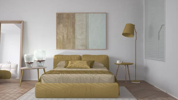现代明亮简约的卧室 黄色色调 双人床 羽绒被和毛毯 桌子与灯 镜子与邮袋 室内设计理念 — 图库照片