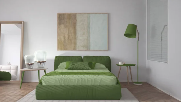 Modernes Helles Minimalistisches Schlafzimmer Grüntönen Doppelbett Mit Kissen Bettdecke Und — Stockfoto