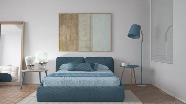 Modern Ljus Minimalistisk Sovrum Blå Toner Dubbelsäng Med Kuddar Täcke — Stockfoto