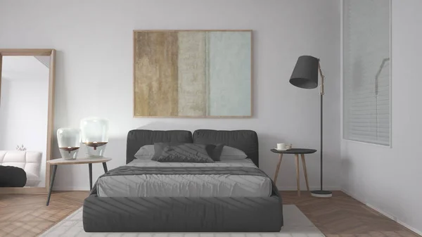 グレーのトーンで近代的な明るいミニマリストの寝室 枕付きのダブルベッド Duvet 寄木細工 ランプ付きテーブル Pouf カーペットとミラー インテリアデザインのアイデア — ストック写真