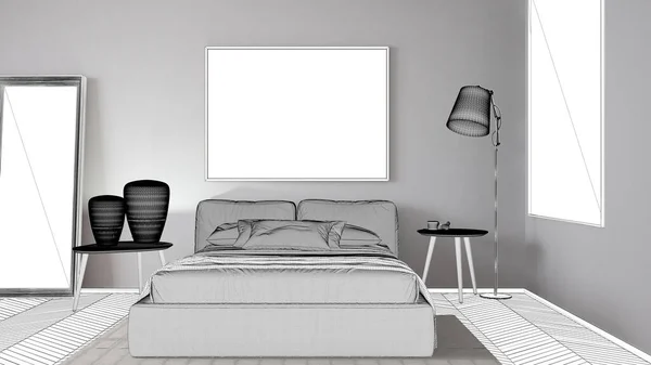 Unfinished Project Μοντέρνο Φωτεινό Υπνοδωμάτιο Διπλό Κρεβάτι Μαξιλάρια Πάπλωμα Και — Φωτογραφία Αρχείου