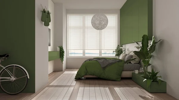 パケット付きのパノラマの白と緑のミニマリストの寝室 大きな窓 家の植物 柔らかい羽毛布団と枕 エコグリーンコンセプト インテリアデザイン — ストック写真