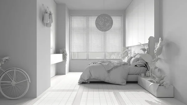 Totaal Wit Project Panoramisch Minimalistische Slaapkamer Met Parket Groot Raam — Stockfoto