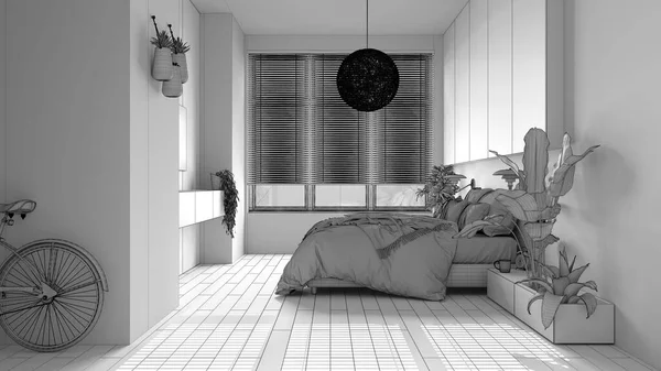 Oavslutat Projekt Minimalistiskt Panorama Sovrum Med Parkett Stort Fönster Krukväxter — Stockfoto