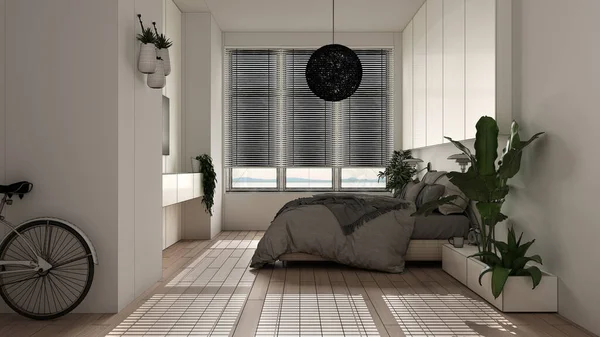 未完成的蓝图项目 全景简约的卧室与花束 大窗户 室内植物 软垫和枕头 生态绿色概念 室内设计 — 图库照片