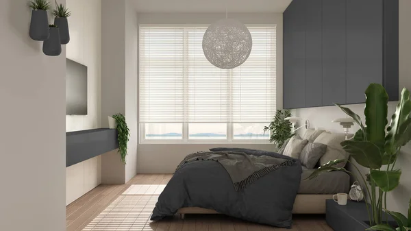 パケット 大きな窓 家の植物 柔らかい羽毛布団と枕付きのパノラマの白と灰色のミニマリストの寝室 エコグリーンコンセプト インテリアデザイン — ストック写真