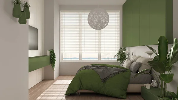 パケット付きのパノラマの白と緑のミニマリストの寝室 大きな窓 家の植物 柔らかい羽毛布団と枕 エコグリーンコンセプト インテリアデザイン — ストック写真