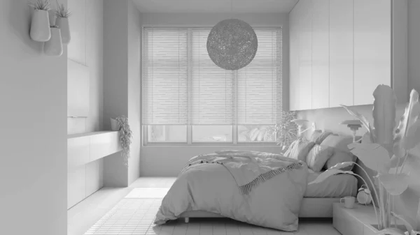 全白色的项目 全景简约的卧室与花束 大窗户 室内植物 柔软的羽绒被和枕头 生态绿色概念 室内设计 — 图库照片