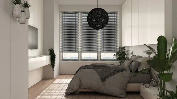 Onafgewerkt Project Panoramische Minimalistische Slaapkamer Met Parket Groot Raam Huisplanten — Stockfoto