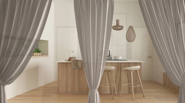 Aperture Bianche Tende Sovrapporre Cucina Moderna Interior Design Sfondo Vista — Foto Stock