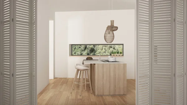 带有岛屿和凳子的简约厨房白色折叠门 白色室内设计 建筑师概念 模糊的背景 — 图库照片