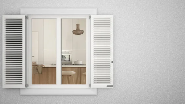 Kepenkli Beyaz Pencereli Dış Sıva Duvar Modern Mutfak Gösteren Kopyalama — Stok fotoğraf