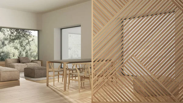 Dřevěný Panel Zblízka Moderní Jídelna Velkými Okny Parketová Podlaha Minimalistický — Stock fotografie