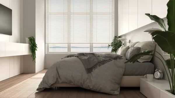 Panoramaweißes Minimalistisches Schlafzimmer Mit Parkett Großem Fenster Zimmerpflanzen Weichen Bettdecken — Stockfoto