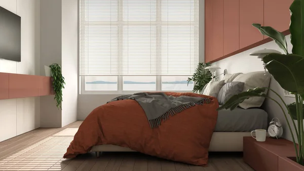 パケット 大きな窓 家の植物 柔らかい羽毛布団と枕付きのパノラマの白とオレンジのミニマリストの寝室 エコグリーンコンセプト インテリアデザイン — ストック写真