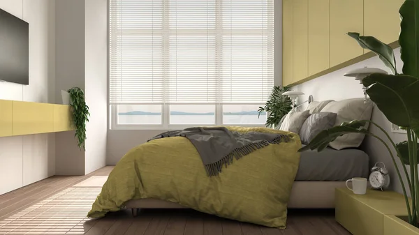 全景白色和黄色简约的卧室 有花束 大窗户 室内植物 柔软的羽绒被和枕头 生态绿色概念 室内设计 — 图库照片