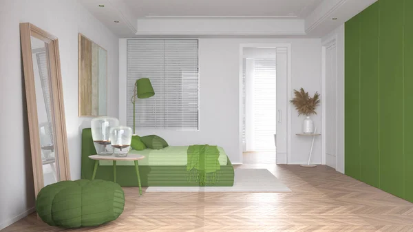 Modern bright minimalist bedroom in green tones, double bed with pillows and blankets, parquet, bedside tables with lamps and door over bathroom, carpet and decors, interior design