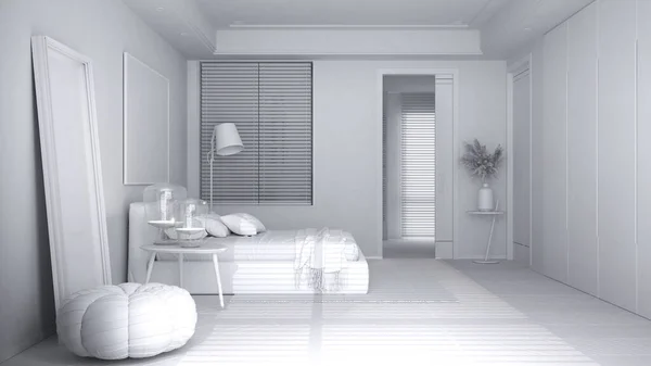 全白色工程 现代明亮简约的卧室 有枕头和毛毯的床 床头柜 浴室的门和灯 室内设计理念 — 图库照片