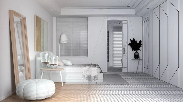 建筑师室内设计理念 成为现实的未完成的工程 现代简约的卧室 羽绒被 生态概念 室内设计 — 图库照片