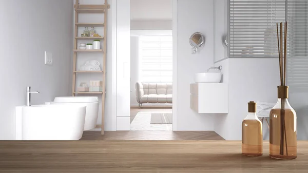 Tablero Estante Madera Con Botellas Palos Aromáticos Sobre Moderno Baño — Foto de Stock