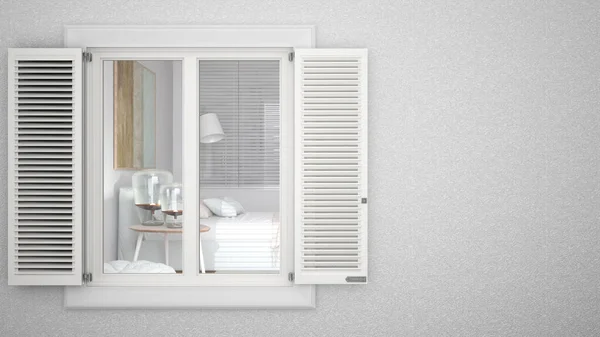 外部石膏墙与白色窗口与百叶窗 显示内部卧室 空白背景与复制空间 建筑设计理念 模型模板 — 图库照片