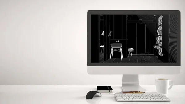 建筑师住宅项目概念 白色背景的台式计算机 显示卡德草图的工作台 带有洗脸盆和镜子的现代浴室 带有复制空间的室内设计理念 — 图库照片