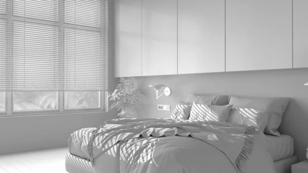 Tamamen Beyaz Proje Panoramik Minimalist Yatak Odası Parke Büyük Pencere — Stok fotoğraf