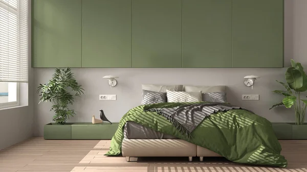 Modern white and green minimalist bedroom with parquet, big window, house plants, soft duvet and pillows. Eco green concept, interior design