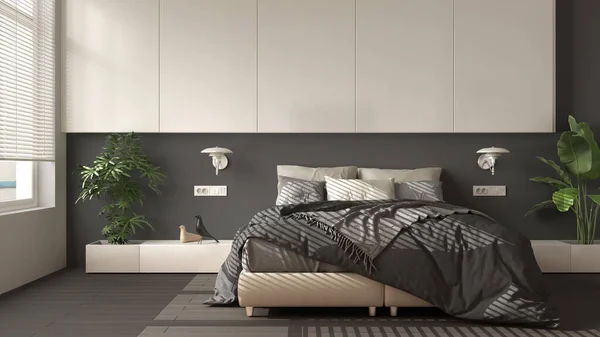 现代的白色和深灰色简约的卧室 有花束 大窗户 室内植物 柔软的羽绒被和枕头 生态绿色概念 室内设计 — 图库照片