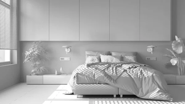 Całkowity Biały Projekt Nowoczesna Minimalistyczna Sypialnia Parkietem Duże Okno Rośliny — Zdjęcie stockowe