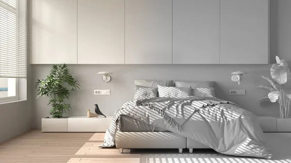 建筑师室内设计理念 成为现实的未完成的工程 现代简约的卧室 室内植物 羽绒被 生态概念 室内设计 — 图库照片