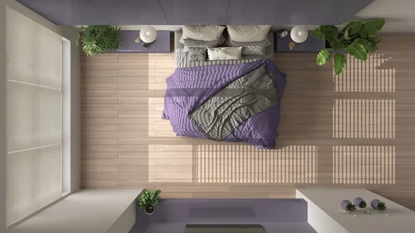 寄木細工 大きな窓 家の植物 柔らかい羽毛布団と枕を備えた近代的な白と紫のミニマリストの寝室 エコグリーンコンセプト インテリアデザイン トップビュー プラン — ストック写真