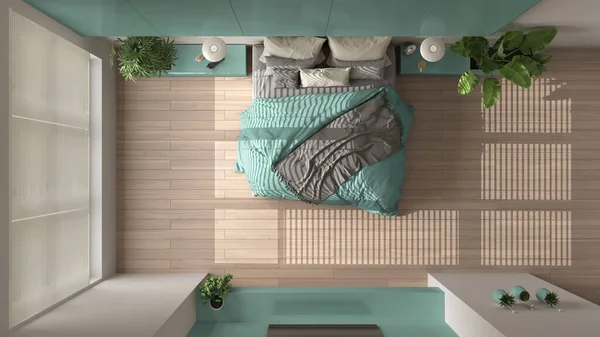 현대의 청록색 침실에 부드러운 베개가 갖추어 에코그린 인테리어 디자인 — 스톡 사진