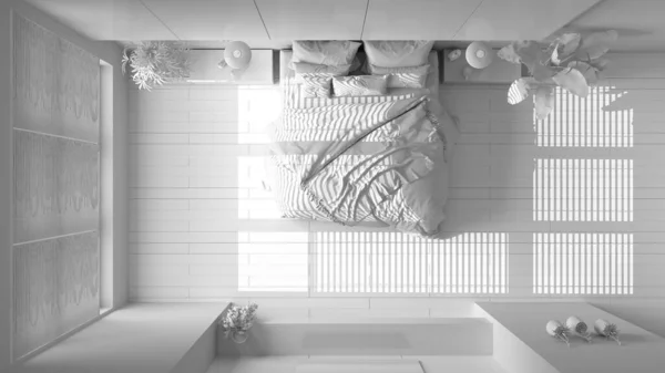総白のプロジェクトは 寄木細工 大きな窓 家の植物 柔らかい羽毛布団や枕と現代のミニマリストの寝室 エコグリーンコンセプト インテリアデザイン トップビュー プラン — ストック写真