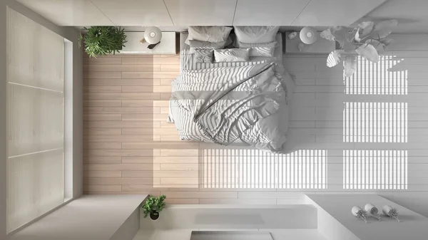 Arkitektinredningskoncept Oavslutat Projekt Som Blir Verkligt Modernt Minimalistiskt Sovrum Parkett — Stockfoto