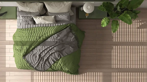 Modern white and green minimalist bedroom with parquet, big window, house plants, soft duvet and pillows. Eco green concept, interior design, top view, plan, above